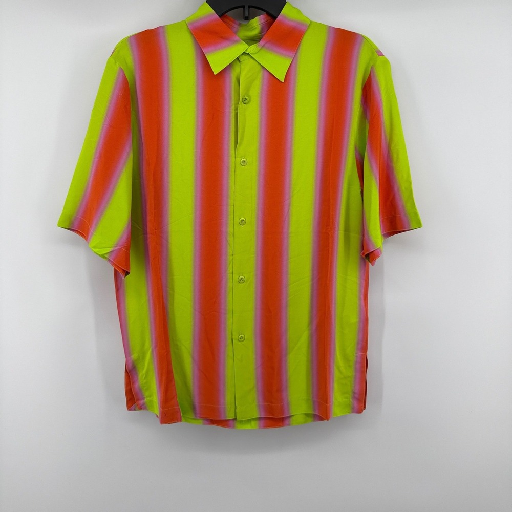 Sandro Mens Glow Striped Short Sleeve Button Down Shirt Neon Green Orange XS NEW